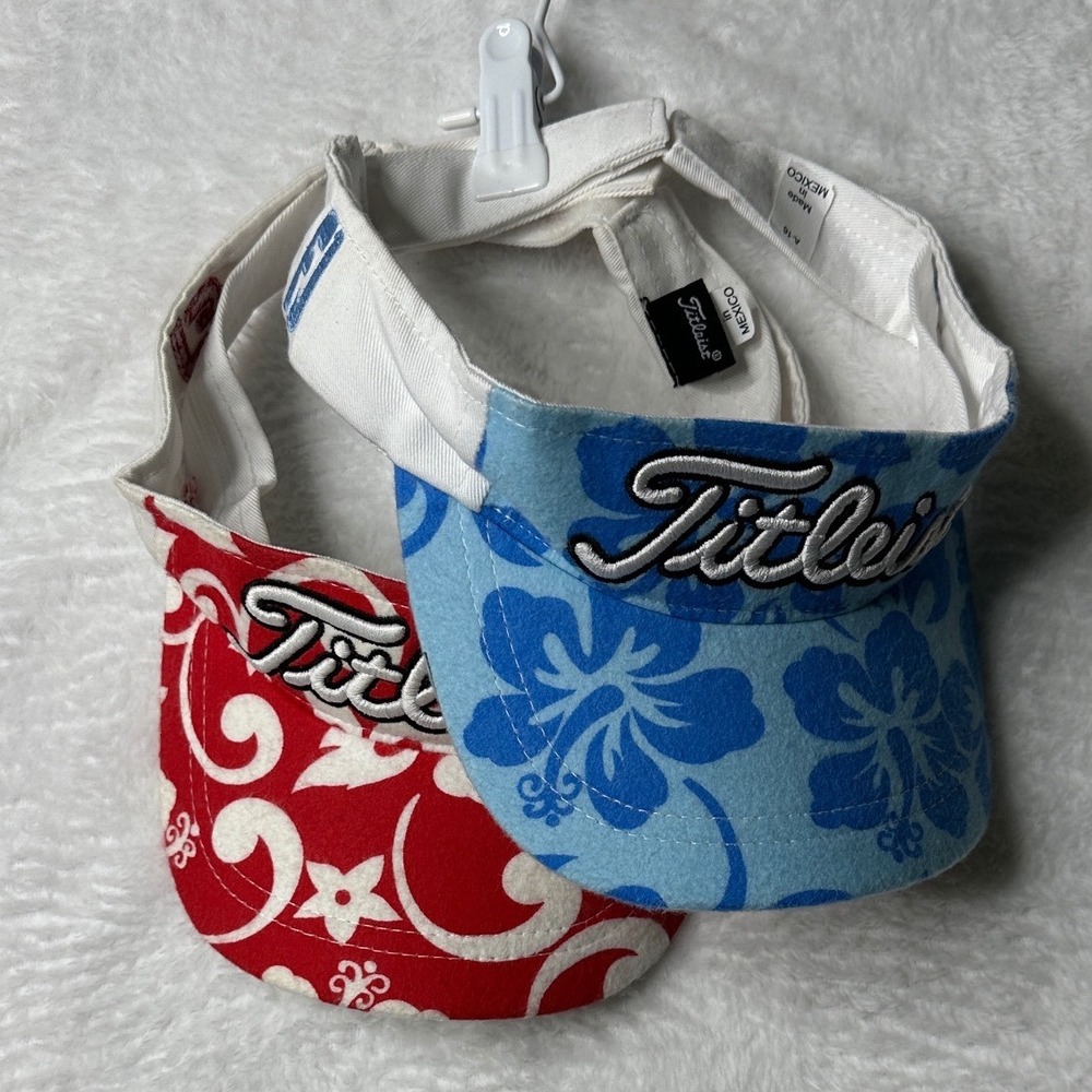 Lot of 2 Titleist Golf Visors Hibiscus Floral Red/Blue Pro V1 Adjustable Hat